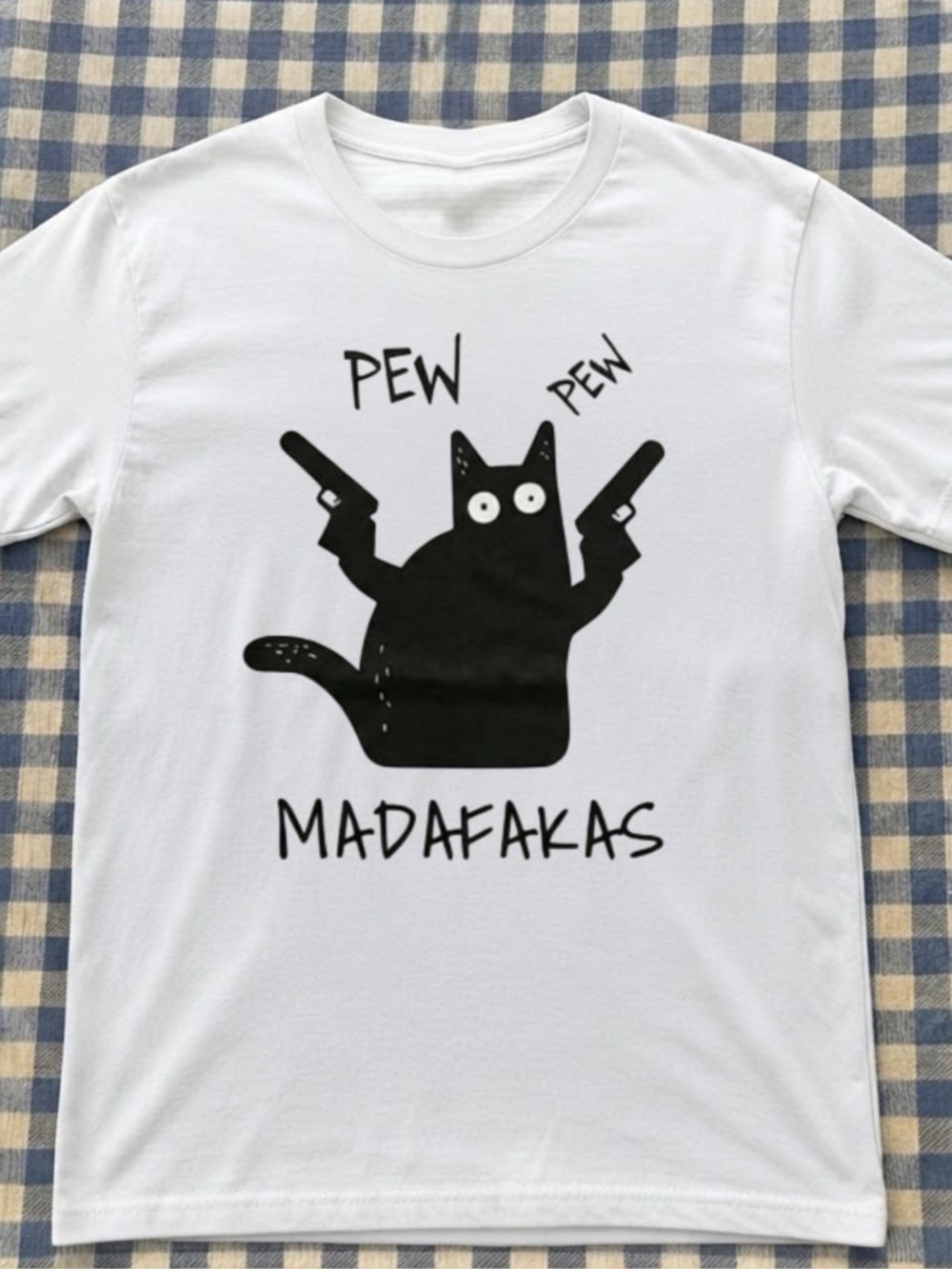 Gildan White Graphic Tee with Black Cat Pew Pew Madafakas